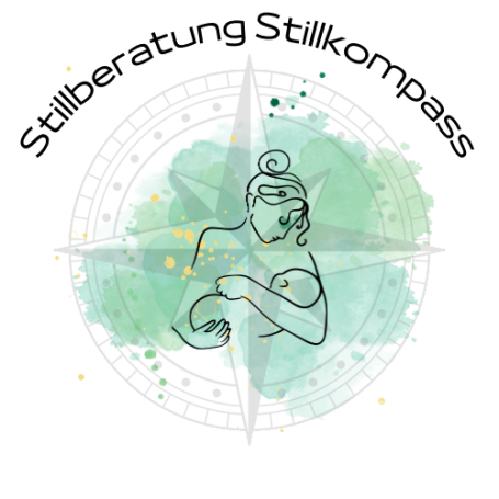 Minimalist Illustration einer stillenden Mutter mit Kompass und grünem Wasserfarbenhintergrund. Darüber steht "Stillberatung Stillkompass".