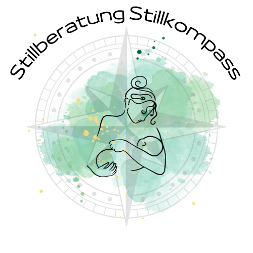 Minimalist Illustration einer stillenden Mutter mit Kompass und grünem Wasserfarbenhintergrund. Darüber steht "Stillberatung Stillkompass".